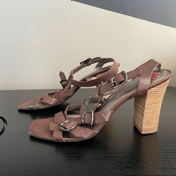 Sean Ling Brown Leather 3 Buckle Strap Wooden Block Heel Sandal, 10 - Picture 7 of 16